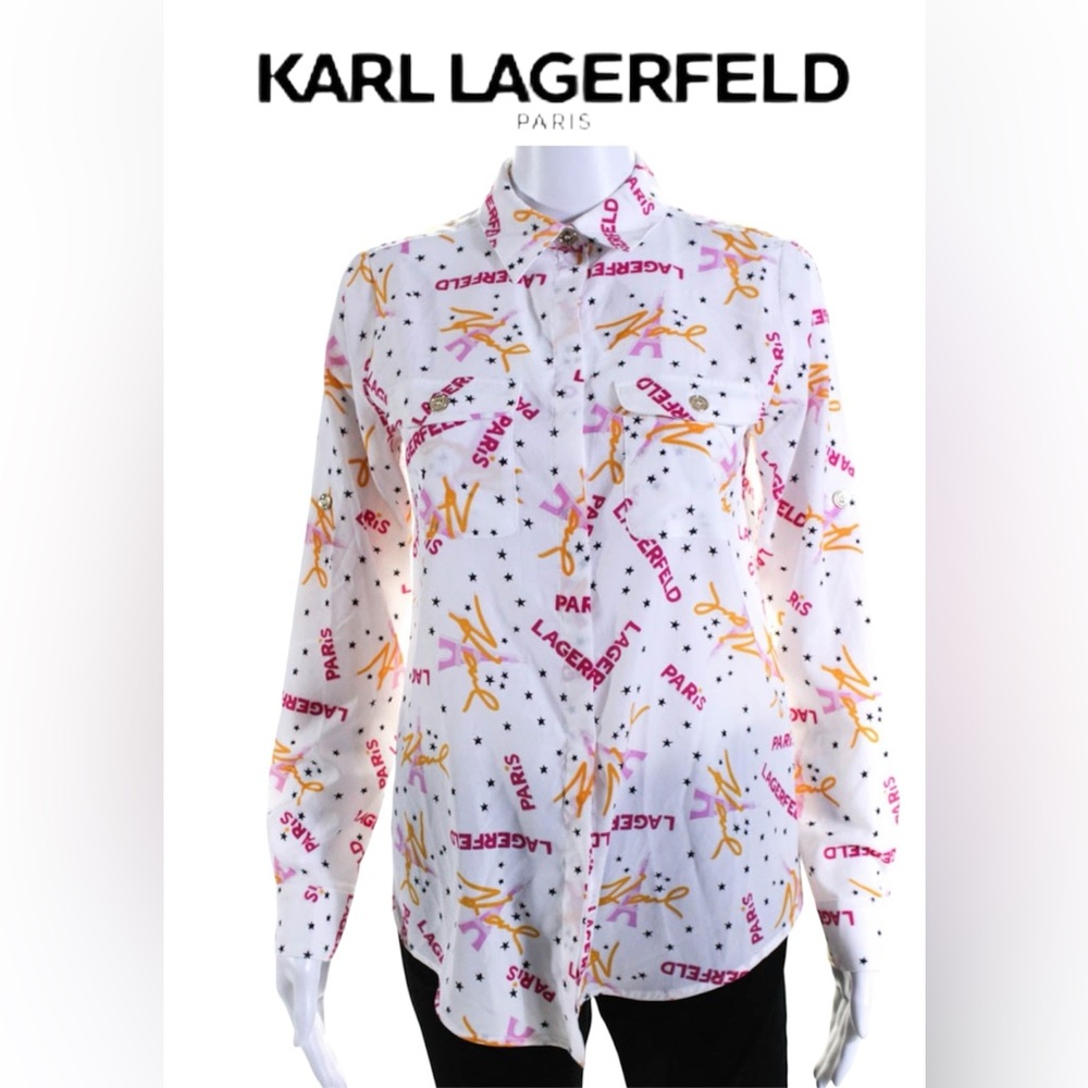 KARL LAGERFELD PARIS PRINTED BLOUSE BUTTON FRONT LONG SLEEVED NEW WOMEN’S